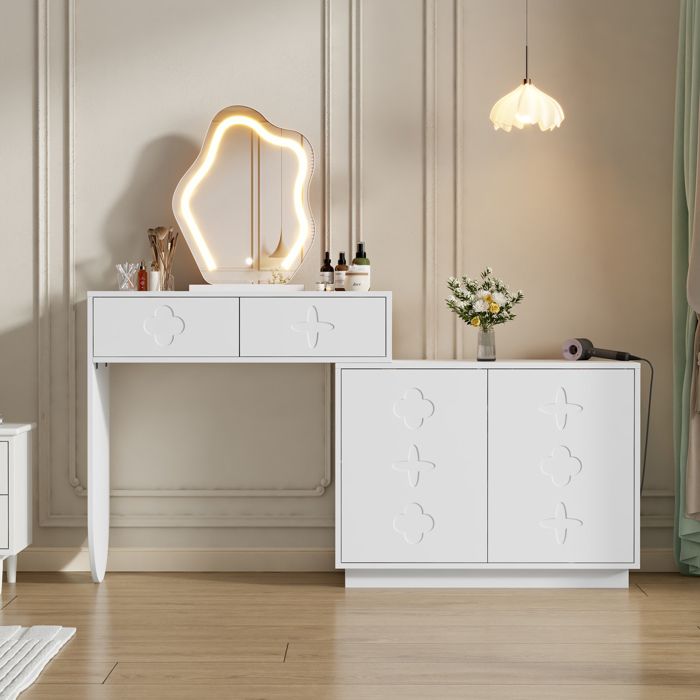 Coiffeuse Miroir LED 3 Températures 2 Tiroirs Meuble Latéral Réglable - TCQPZ - en Bois et Verre Blanc 160 × 40 × 132 cm