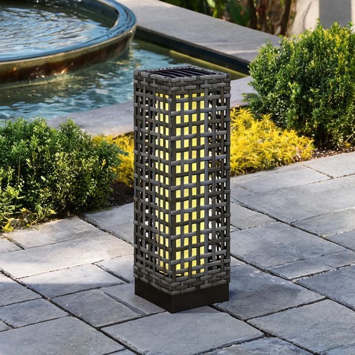 Lampe solaire LED à poser en osier synthétique gris ardoise détecteur crépusculaire IP44 46 cm
