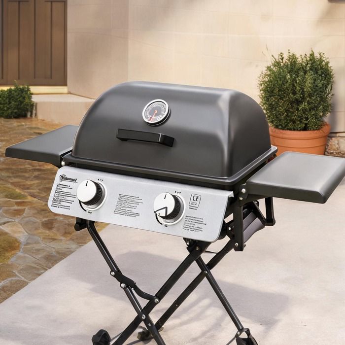 Barbecue portatif 2 brûleurs inox design valise avec étagères et thermomètre 101 cm noir acier Barbecue portatif 2 brûleurs inox design valise avec étagères et thermomètre 101 cm noir acier