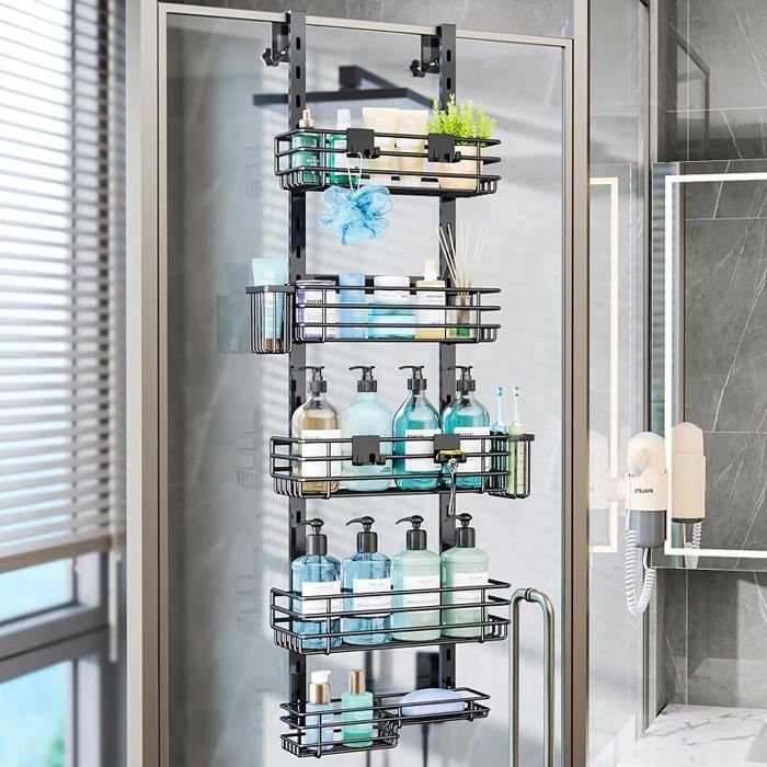 Etagère suspendue inox noire 5 paniers modulables sans perçage pour douche