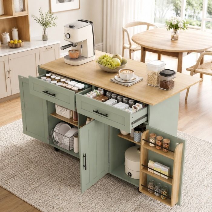 Îlot central de cuisine extensible 129x46(71)x915cm Desserte de cuisine sur roulettes avec plan de travail 3 portes 2 tiroirs
