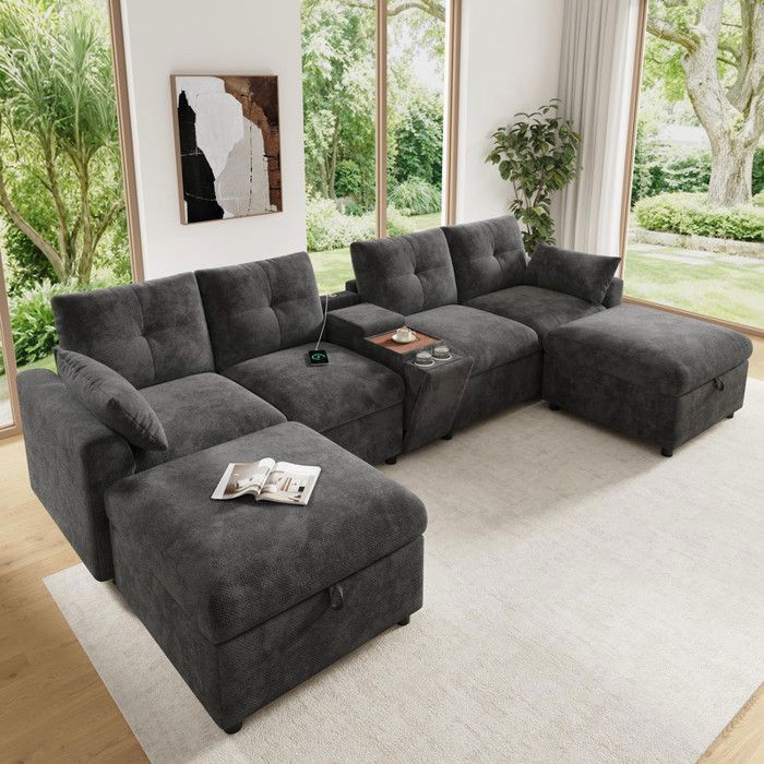 Canapé modulable 6 places en U/L avec 2 poufs de rangement console centrale porte-gobelets ports USB et Type-C chenille gris