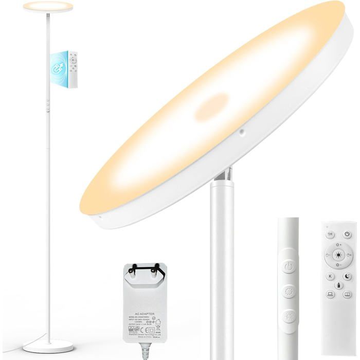 Lampadaire LED sur pied dimmable 36 W 3600 LM lumière chaude à froide 2700K-6500K télécommande incluse blanc salon et chambre