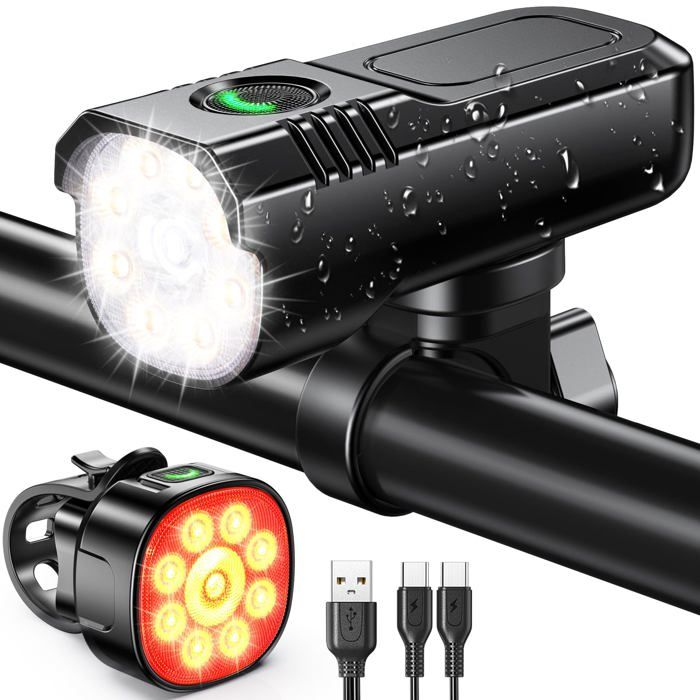 Lumiere Velo Avant et Arriere Super Lumineux Lampe Velo LED Alliage Aluminium Robustes 8+7 Modes & Rechargeable USB Lumière Vélo