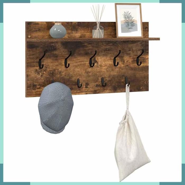 Porte-manteau mural - Mod. 874439 - Chêne fumé - Avec 1 étagère et crochets - 80 x 40 x 12 cm