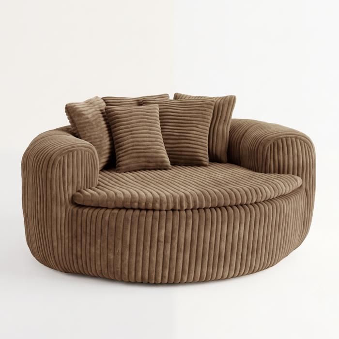 Canapé relax 1 place en velours côtelé chameau – Assise profonde et confortable – 5 coussins inclus – Mousse HD – 145×133×59 cm