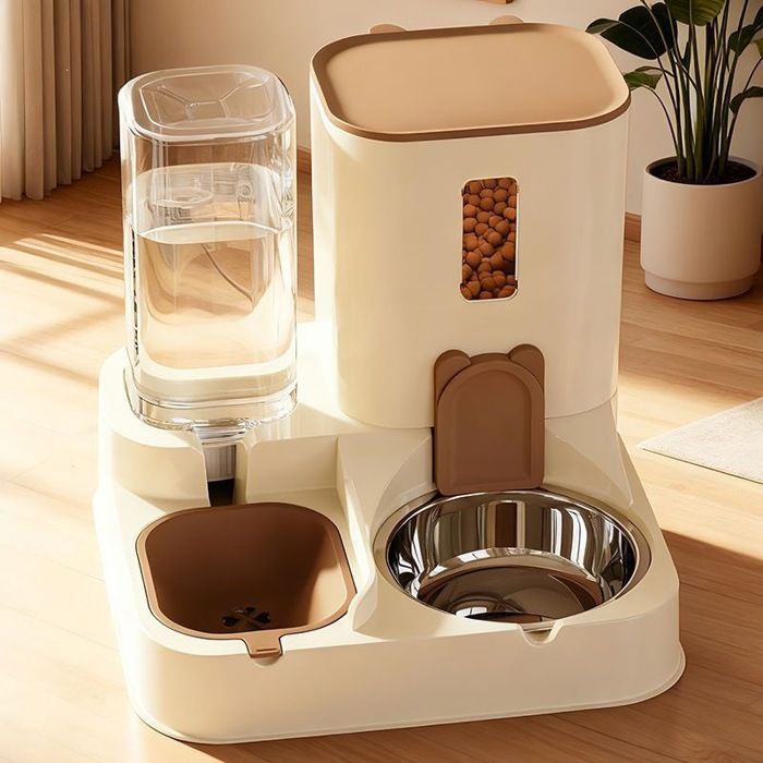 Distributeur nourriture et eau pour chat chien 23L+13L mangeoire automatique bol inox couleur beige‑marron