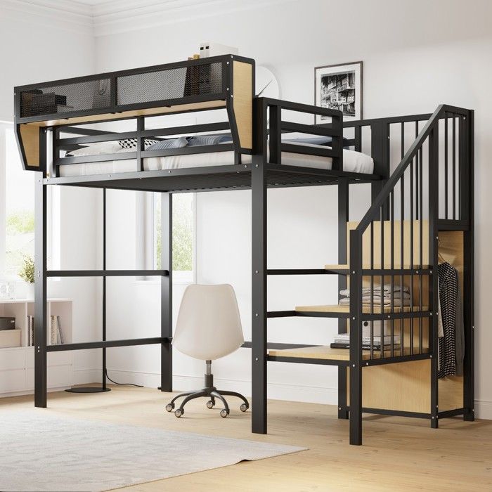 Lit mezzanine métal noir - BLACKCOLOR - 90x200 cm - Échelle de sécurité incluse - Étagère modulable