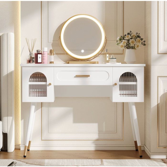 Coiffeuse LED miroir rond blanc et doré 1 tiroir 2 portes grand rangement style scandinave 100 x 42 x 112 cm ORVRYN