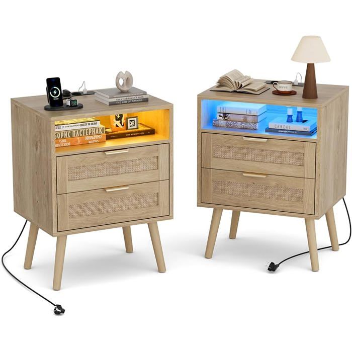 Table de Chevet Lot de 2 avec Lumière Réglable Table de Nuit Prise intégrée Ports USB-C Compartiment Ouvert et 2 Rotin Naturel