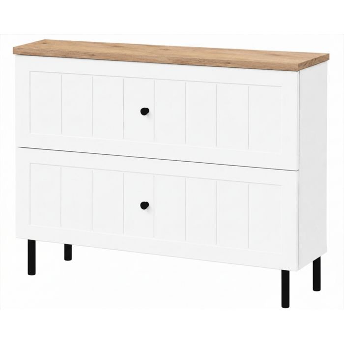 Meuble sous vasque - 3XE LIVING - 80 cm Blanc / plan chêne clair - 2 tiroirs soft‑close - façade cannelée - pieds noirs 15 cm