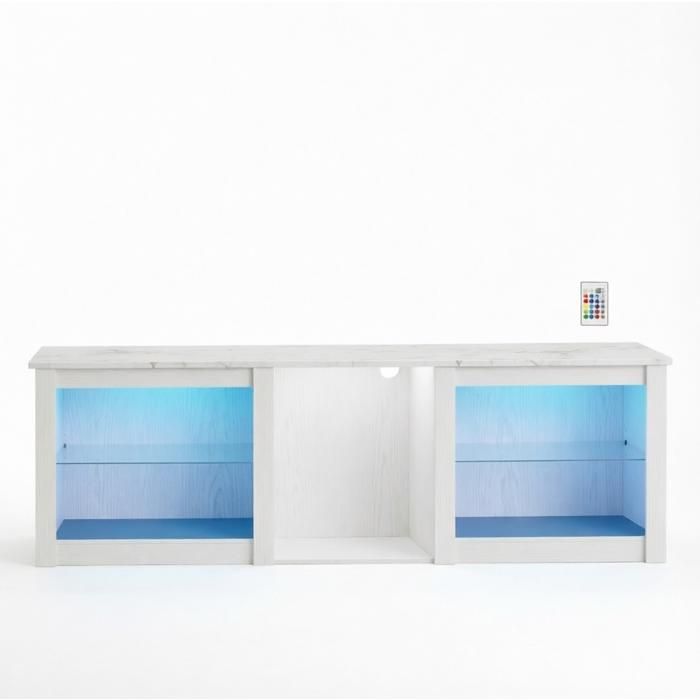 Meuble TV LED – Blanc – 160 cm – Jusqu’à 70 pouces – Étagères en verre réglables – Effet marbre