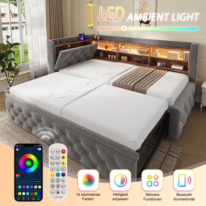 Lit banquette 90x190 cm en velours coloris gris foncé ports USB éclairage LED tête de lit sommier à lattes sans matelas