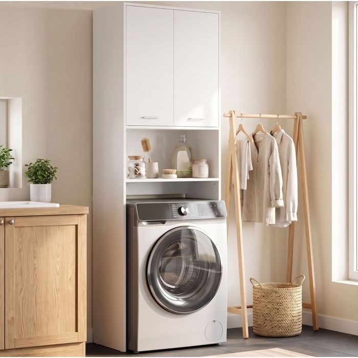 Armoire sur lave-linge ou WC 66 x 24 x 191 cm 2 portes et niche ouverte blanc