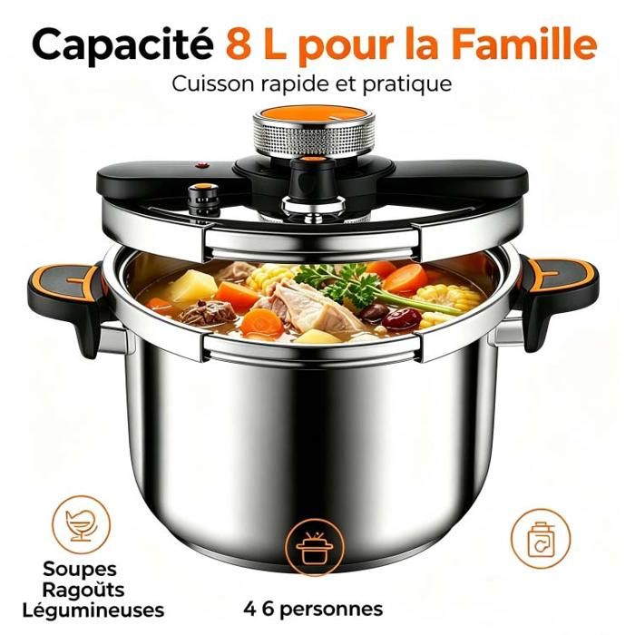 Autocuiseur 8L Inox – Compatible Gaz et Induction – Anti-Explosion Sécurité Renforcée – Marmite à Pression pour Toute la Famille Autocuiseur 8L Inox – Compatible Gaz et Induction – Anti-Explosion Sécurité Renforcée – Marmite à Pression pour Toute la Famille
