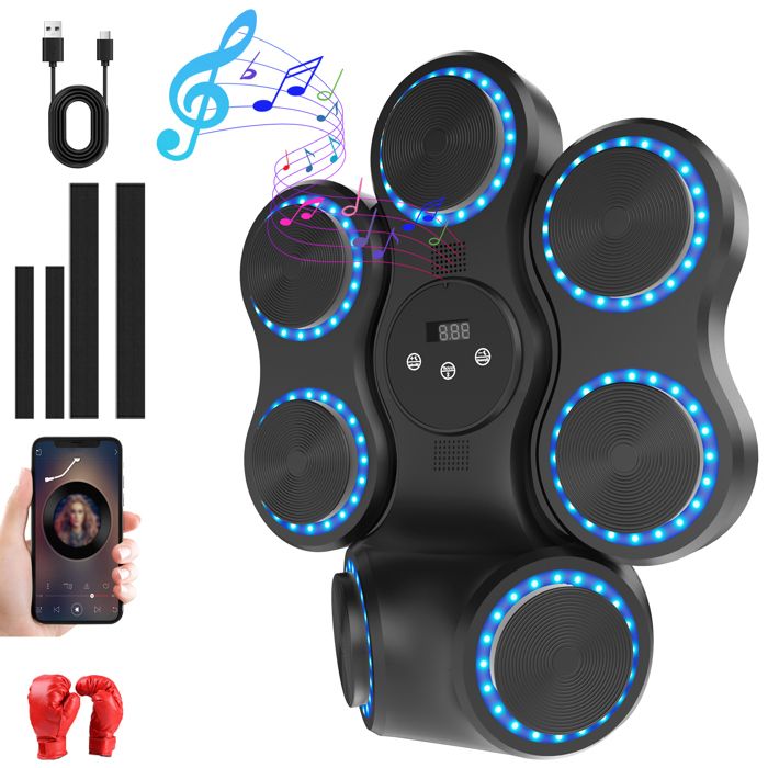 Machine de boxe musicale murale Cible de frappe Bluetooth 7 cibles 9 vitesses 11 modes LED sans perçage Gants enfant