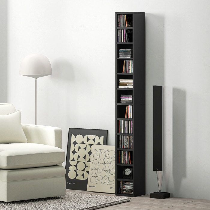 Meuble range CD et DVD colonne noire 12 compartiments jusquà 204 CD très étroit 21 cm coin musique 175 cm