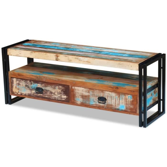 Meuble TV Vintage - KAI - Bois de récupération massif - 2 tiroirs - 120x35x45cm - Multicolore Meuble TV Vintage - KAI - Bois de récupération massif - 2 tiroirs - 120x35x45cm - Multicolore