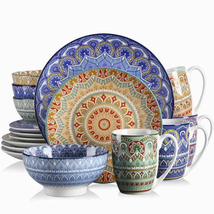 Assiette Plate Bols Style Bohémien Série Mandala vancasso Assiette à Dessert Service de Table en Porcelaine 16 pièces pour 4 Personnes
