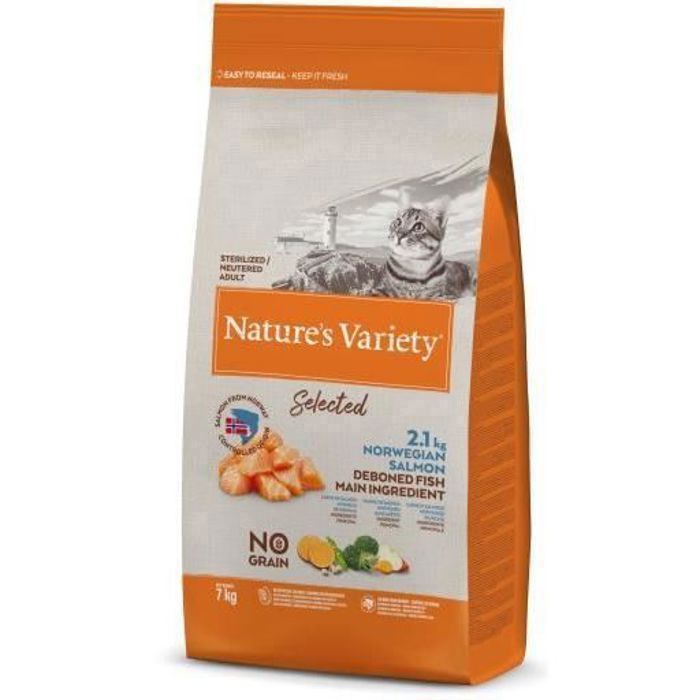 Aliment complet - Natures Variety - Saumon sans grain - 7 KG - Pour chats adultes stérilisés - Croquettes