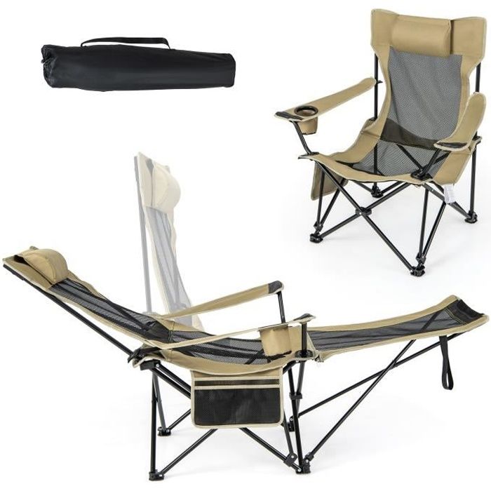 costway 2 en 1 chaise-fauteuil de camping pliante - dossier réglable, repose-pieds amovible, appui-tête - pêche, plage - kaki