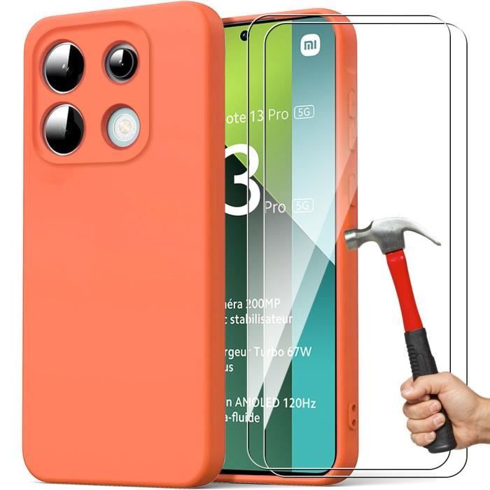 Coque pour Xiaomi Redmi Note 13 Pro 5G (pas pour 4G) - Protection Silicone Liquide Orange Mat Anti-Rayures + 2 Verres Trempés