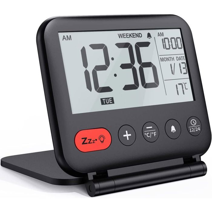 FISHTEC Réveil Numérique de Voyage Compact avec Écran LCD 323 Pouces - Horloge Portable Idéale pour les Déplacements