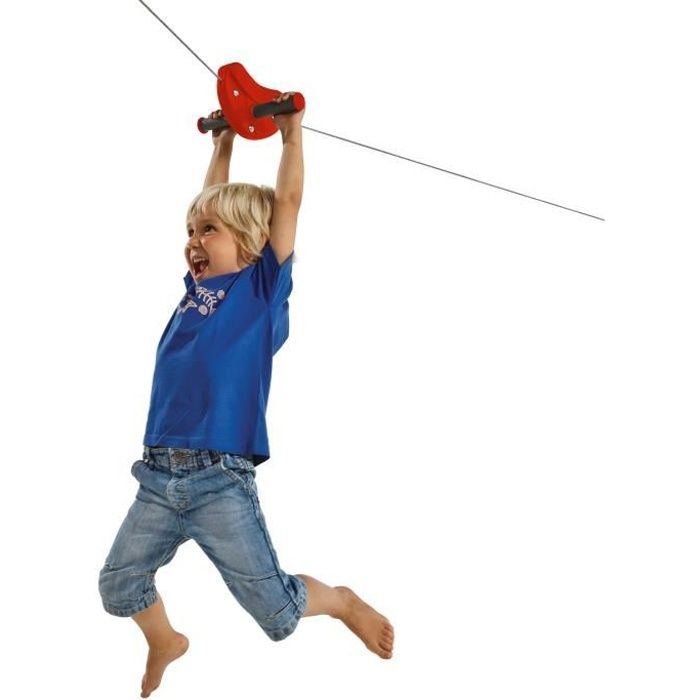 Tyrolienne enfant rouge avec câble en acier de 30m de longueur et poignées anti-dérapantes, modèle Para.
