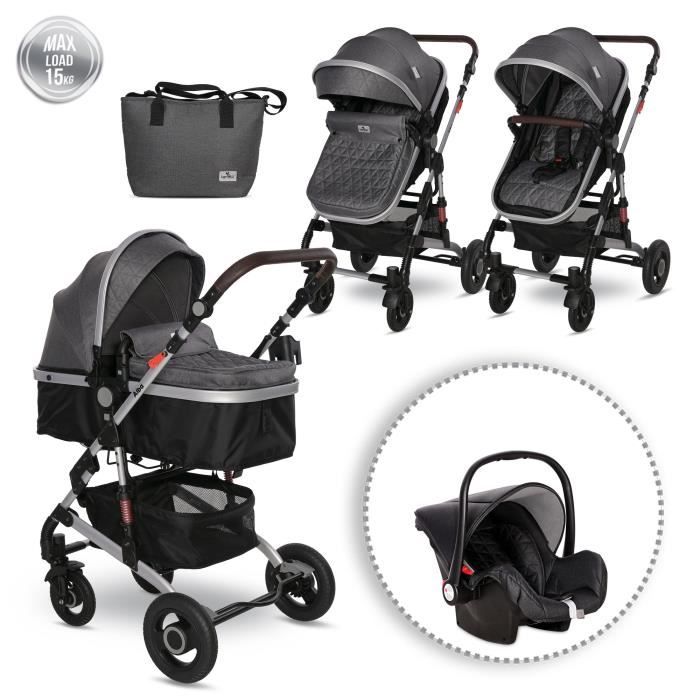 LORELLI Alba - Poussette 3en1 citadine compacte pliable - Avec nacelle, siège auto et sac à langer - Jusqu'à 15Kg - Gris foncé