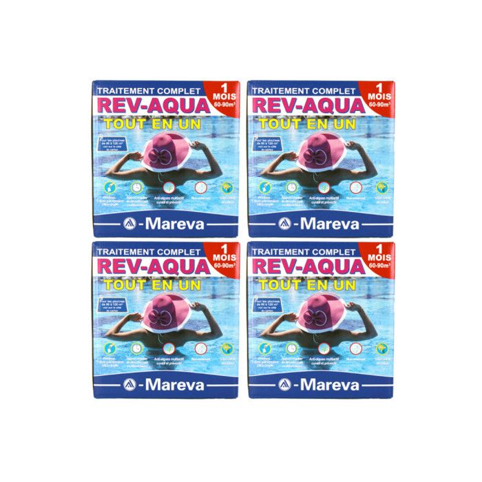 Lot de 4 kits Rev-Aqua MAREVA traitement complet pour piscine de 60 à 90 m3 - 4 mois