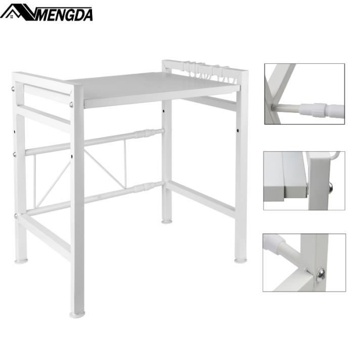 Étagère Micro-Ondes Extensible Blanc – Support Réglable 40-60 Cm, Charge 25 Kg, 6 Crochets, Organisateur Cuisine Gain De Place