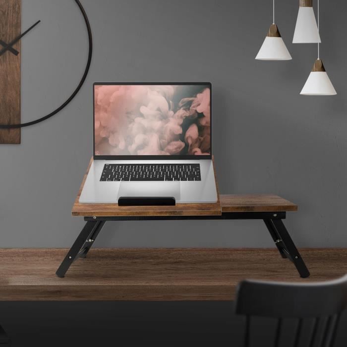 ml-design table pour ordinateur portable pour lit/sofa, pliable, vintage/brun, bois, réglable en hauteur, avec tiroir et barre