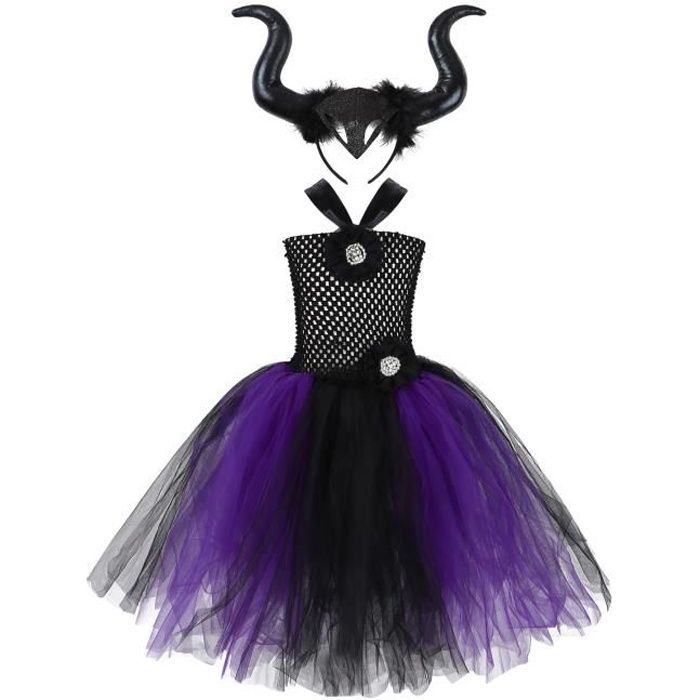 Robe Sorciere Enfant Fille Robe Halloween Deguisement Sorciere Vampire Malefique Avec Cerceau Corne Bandeaux Diable 2 12 Ans Noir Violet Cdiscount Pret A Porter