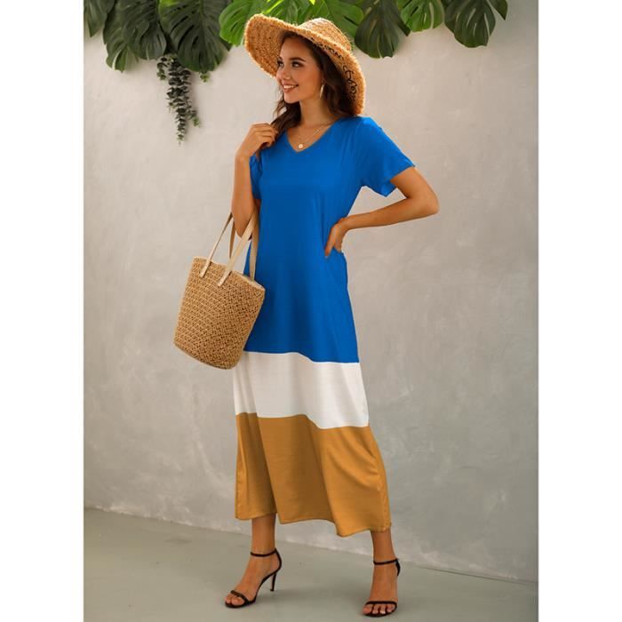 Robe D'été Femme Mi-longue Fluide - Col V & Manches Courtes - Chic Et élégante Pour Plage, Ville Ou Soirée