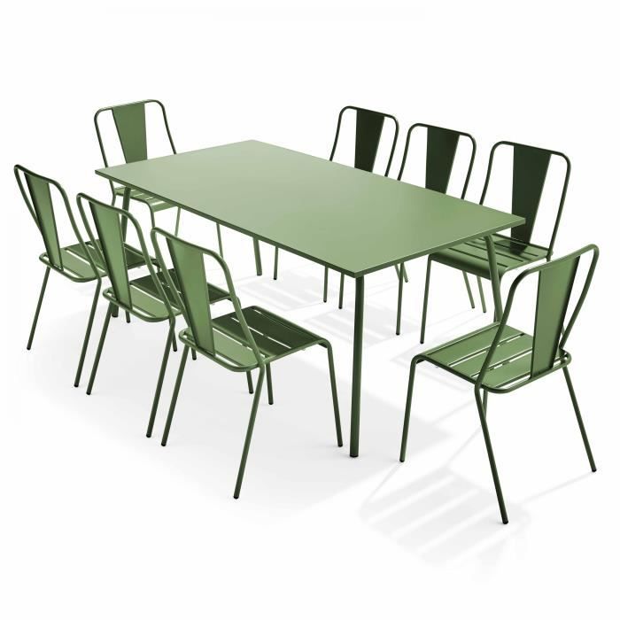 ensemble table de jardin et 8 chaises bistrot en acier vert cactus