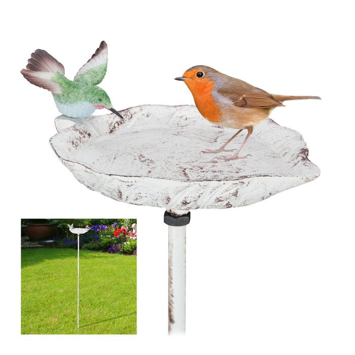 Meilleurs prix pour Relaxdays Abreuvoir pour oiseaux en fonte, avec pic de terre, Décoration pour jardin, Mangeoires, 1 m de hauteur, blanc