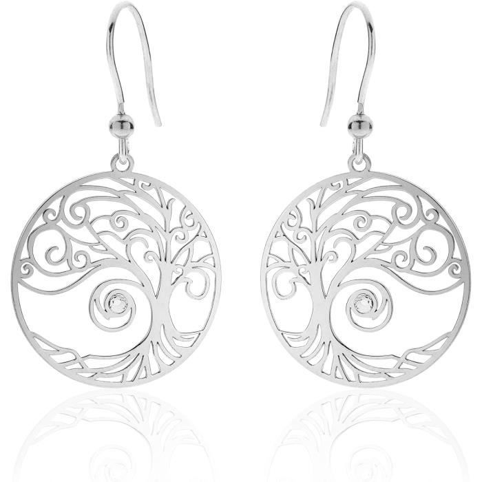 Boucles D'oreille En Plaqué Or Oxyde Violet Motif Arbre De Vie Et Fermoir Dormeuse $$$$912733v