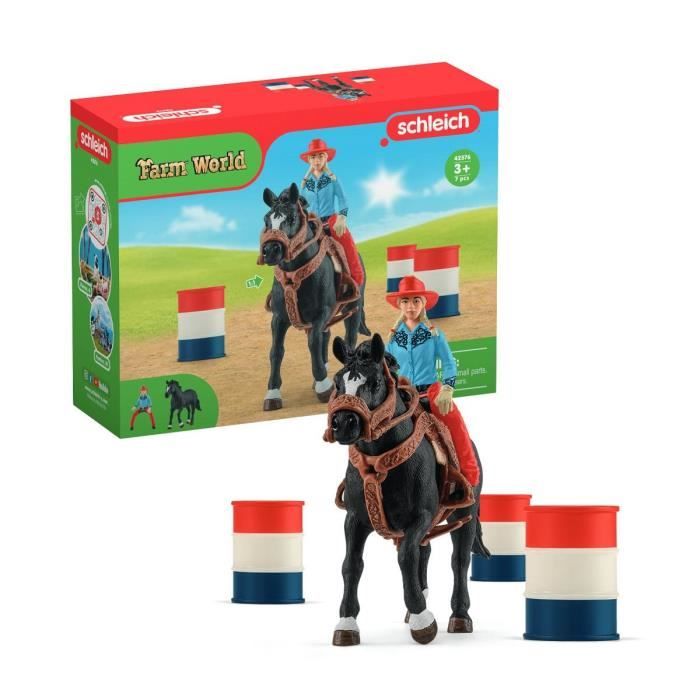 Figurine Cowgirl et Tonneaux de Racing avec figurine et cheval Schleich 42576 Farm World