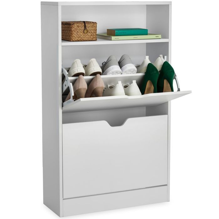Meuble à chaussures - TECTAKE - Meuble CALEA avec 2 compartiments pour 12 paires avec anti-basculement 60 x 24 x 102 cm - Blanc