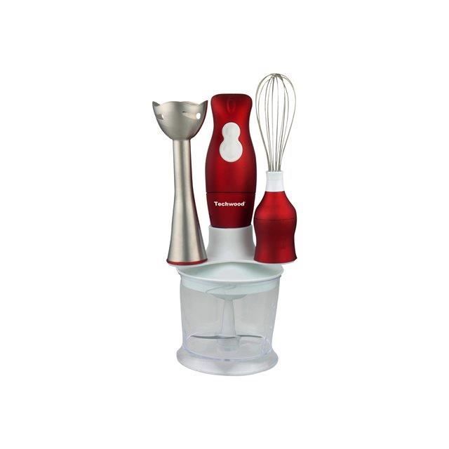 Mixeur Plongeant Techwood 3-en-1 600W – Rouge, Fouet + Bol Hachoir 500 Ml, Pied Inox, Puissant & Polyvalent