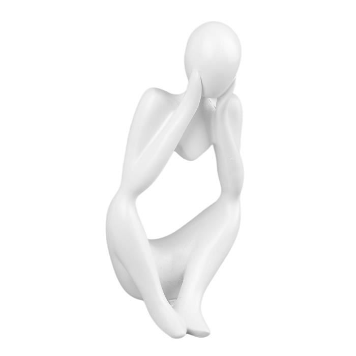 Statue Penseur Blanc Céramique - Sculpture Abstraite Moderne, Déco Salon Bureau, Figurine Esthétique Contemporaine