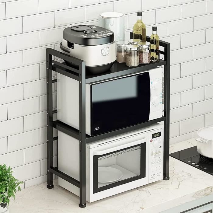 Support Extensible Métal Four Micro-Ondes - Étagère Rangement Cuisine Réglable Simple Ou Double Couche, Organisateur Plan De Travail Noir