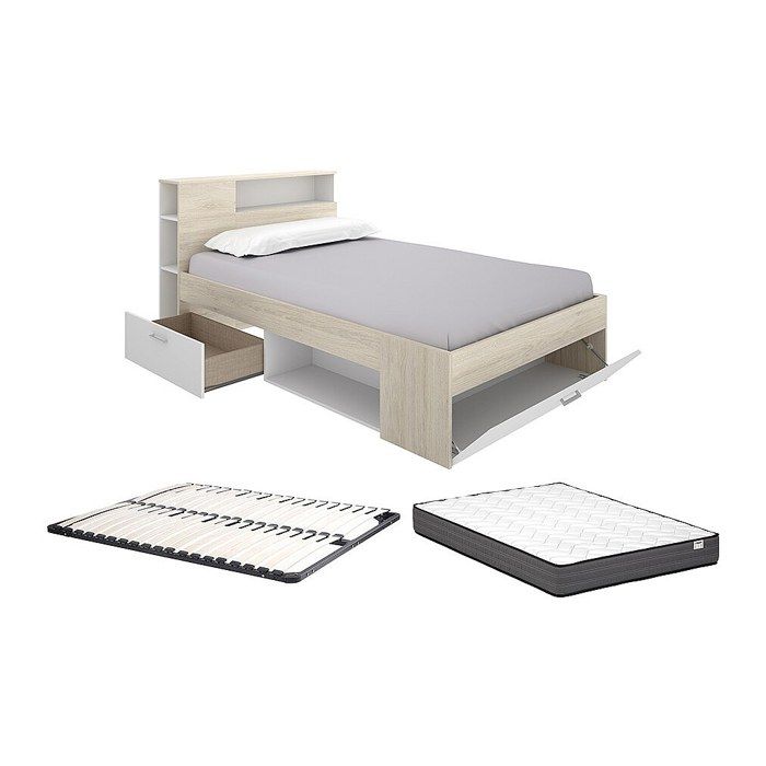 Lit avec tête de lit rangements et tiroir - 120 x 190 cm - Naturel et blanc + Sommier + Matelas - LEANDRE