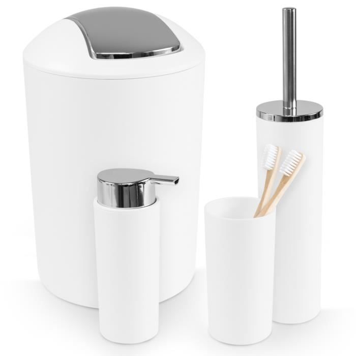 WENKO Ensemble Accessoires Salle de Bain CALVO, Distributeur de Savon Liquide, Porte Brosse à Dents, Brosse WC, Poubelle 6,5L, Blanc