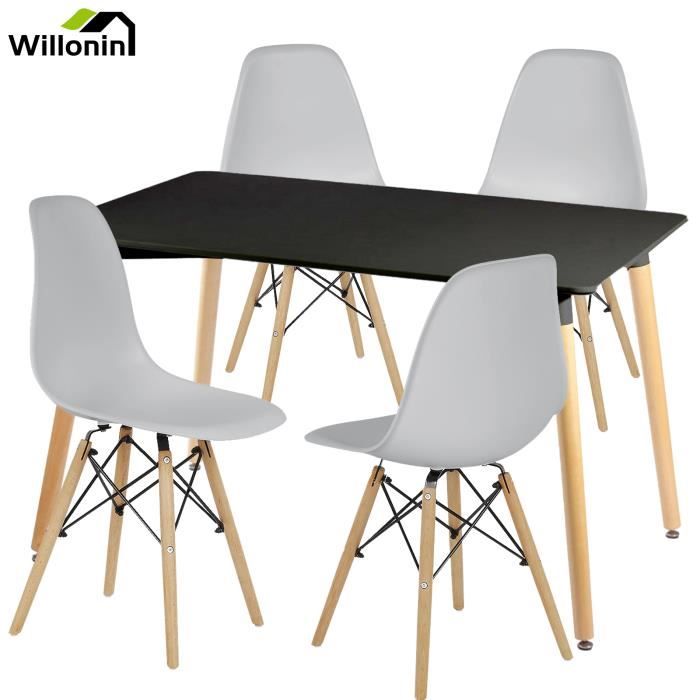 Willonin® Lot de 5, Table noir en bois, 4 x chaises Laqué gris clair et siège en PP, Ensemble pour salle à Manger, salon, balcon