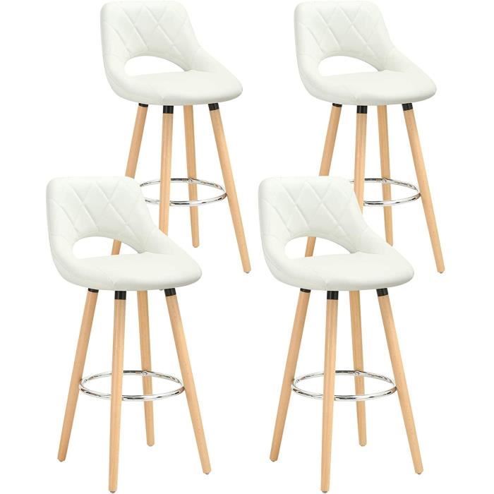 WOLTU Lot de 4 Tabourets de bar en lin et bois massif avec dossier et repose-pieds 43x40x96cm Blanc