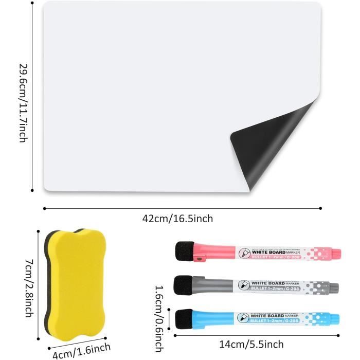 Tableau Blanc Magnétique A3 (42x30 Cm) Double Face - Pour Frigo, Bureau, École - Avec 8 Stylos & Gomme