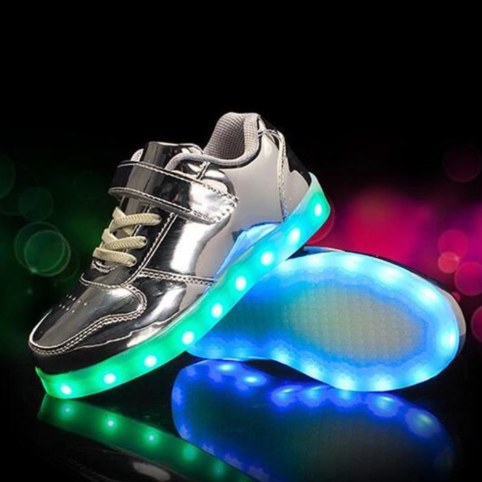 Baskets LED Enfants Marque Argent PU Confortable Solide