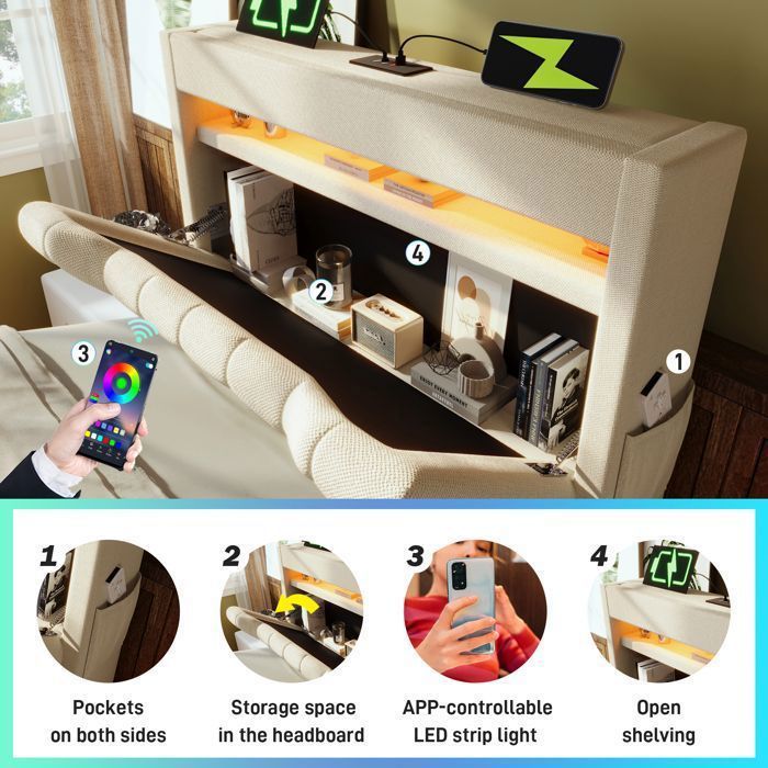 Lit De Rangement Relevable OOIILLEE Avec Tête De Lit LED - 90x200 Cm, Velours Beige, Prise USB, étagères, Mécanisme Hydraulique - Capacité 300 Kg