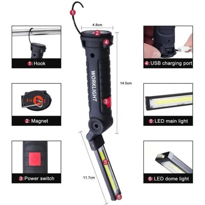 Lampe De Poche Magnétique Rechargeable – Tête Réglable 90°, LED 1500 Lumens, IP54, Pour Mécanicien, Rando, Pêche